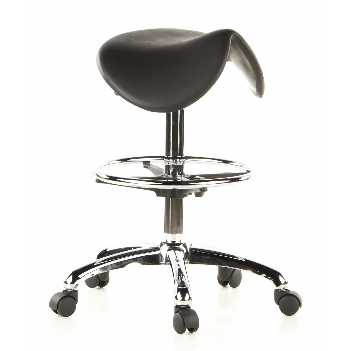 Sgabello a sella TOP WORK 13 nero con poggiapiedi e base a cinque ruote di hjh OFFICE – vista a 360° (vista frontale a tre quarti 40°)