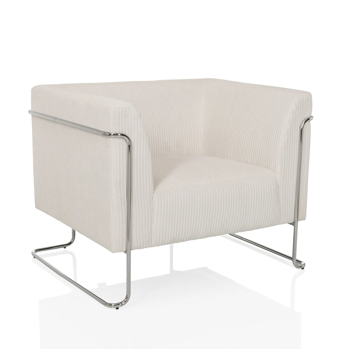Poltrona Lounge Curacao Cord bianca con rivestimento a coste e struttura cromata di hjh LIVING – vista a 360° (vista frontale a tre quarti 30°)