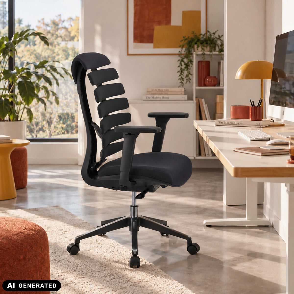Sedia da ufficio professionale ERGO LINE II nera con schienale segmentato e base a stella con ruote di hjh OFFICE (immagine generata dall’IA)