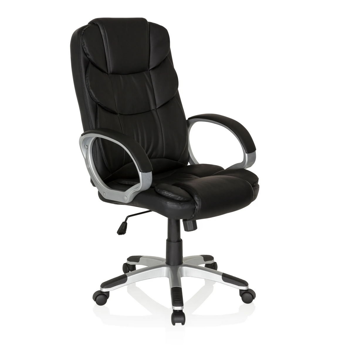Poltrona Home Office RELAX BY155 nera con braccioli e base a cinque ruote di MyBuero – vista a 360° (vista frontale a tre quarti 40°)