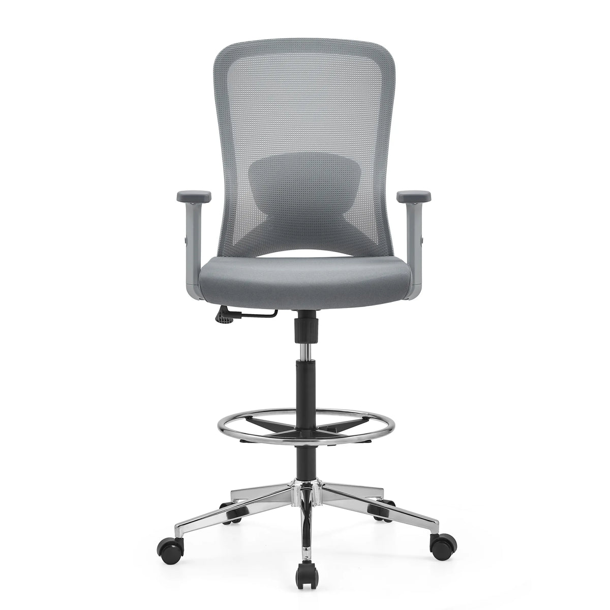 Sedia da banco Top Work 44 W grigia con schienale in rete, poggiapiedi e base a cinque ruote di hjh OFFICE – vista a 360° (vista frontale 0°)
