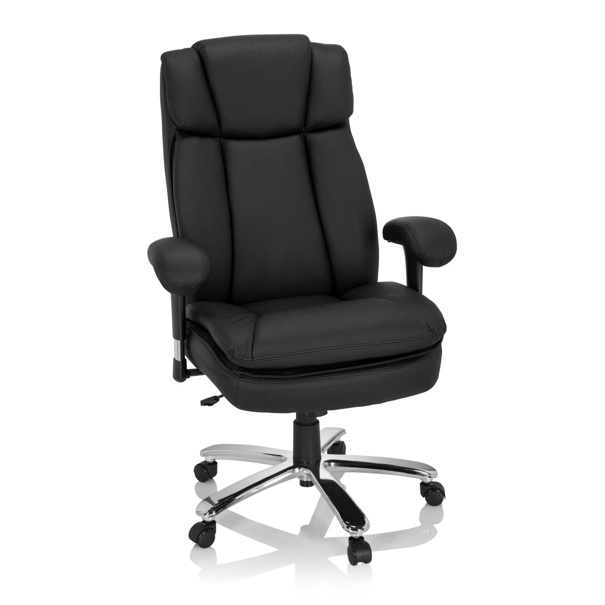 Sedia girevole BUILDER XXL I nera in ecopelle con base a stella e cinque ruote di hjh OFFICE – vista a 360° (vista frontale 20°)