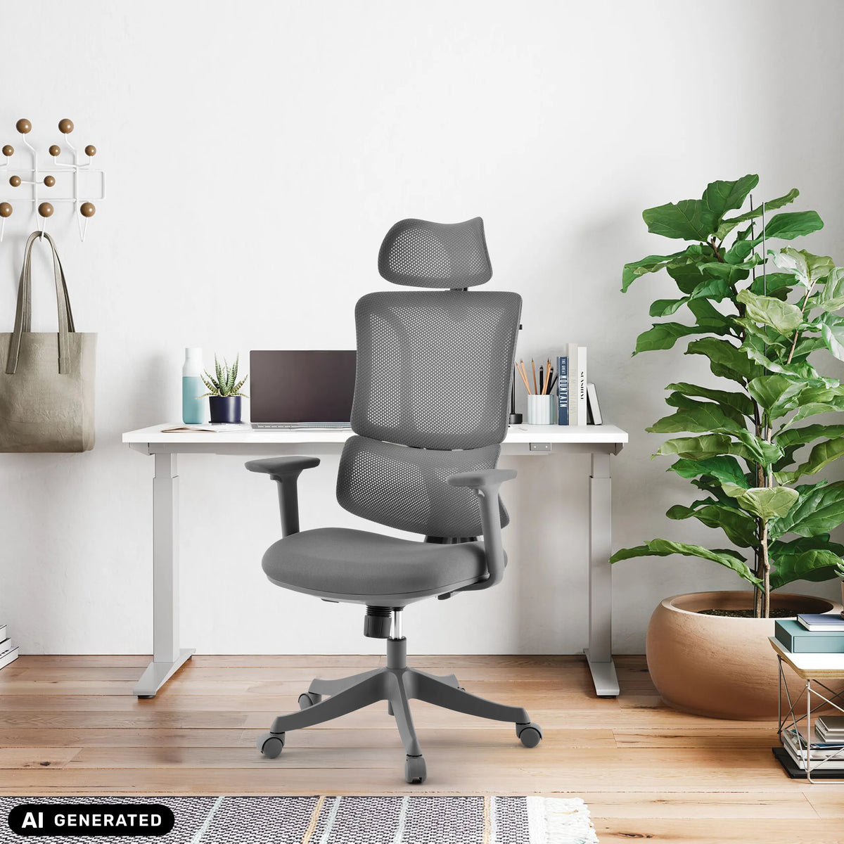 Sedia Home Office Ergomy Colore grigia con schienale in rete e poggiatesta di MyBuero (immagine generata dall’IA)