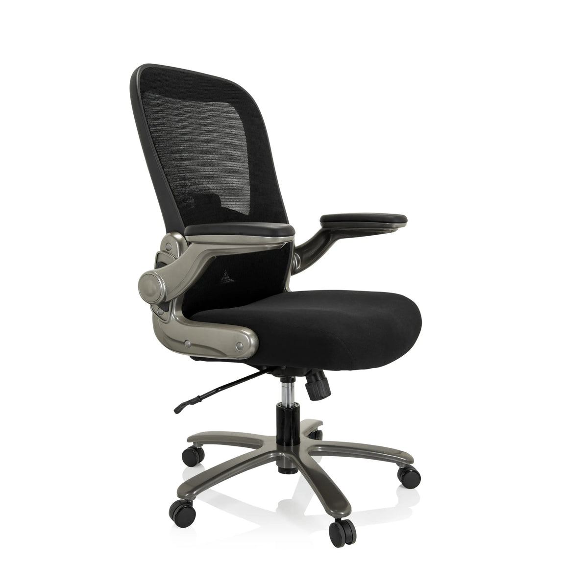 Sedia girevole XXL INSTRUCTOR T I nera con schienale in rete, braccioli e base a cinque ruote di hjh OFFICE – vista a 360° (vista frontale a tre quarti 60°)