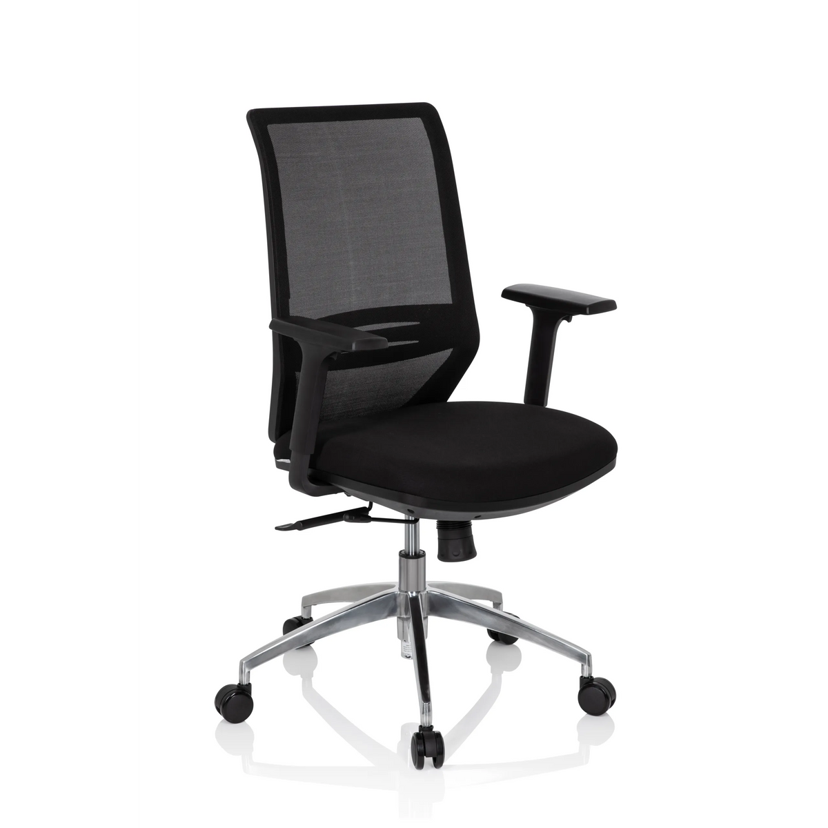 Sedia da ufficio professionale PROFONDO nera con schienale in rete e base a cinque ruote di hjh OFFICE – vista a 360° (vista frontale a tre quarti 40°)