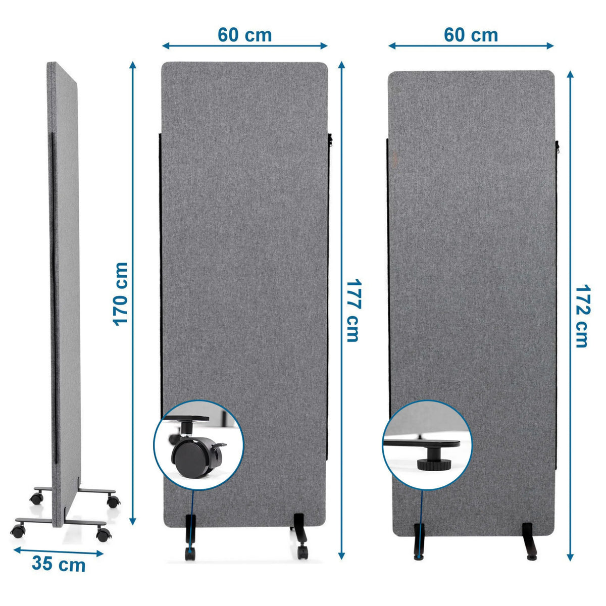 Disegno tecnico della Parete divisoria FLEXMIUT di 60 × 170 cm con ruote di hjh OFFICE