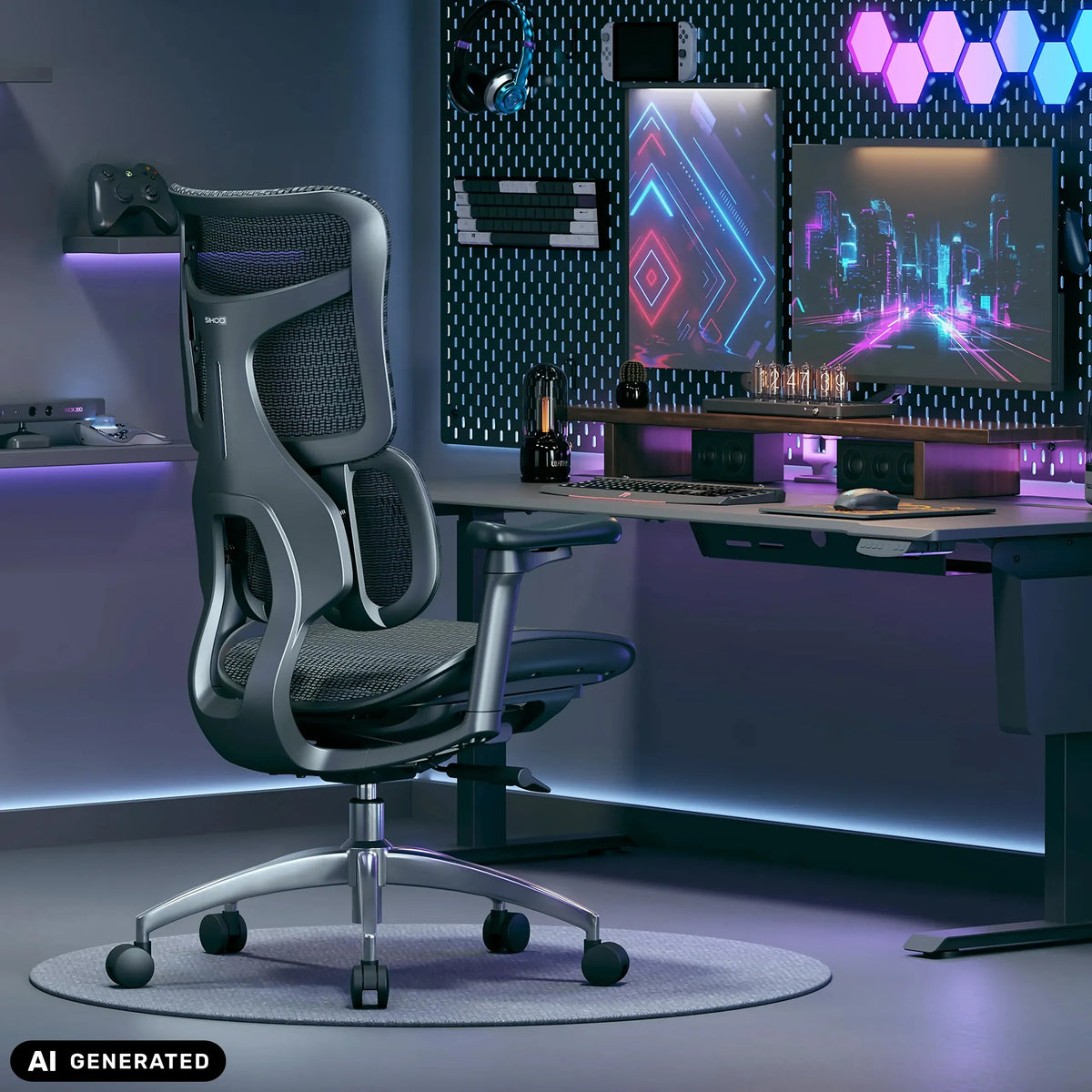 Sedia da ufficio professionale S100-M301 nera con schienale in rete e braccioli in una stanza da gaming di Sihoo (immagine generata dall’IA)