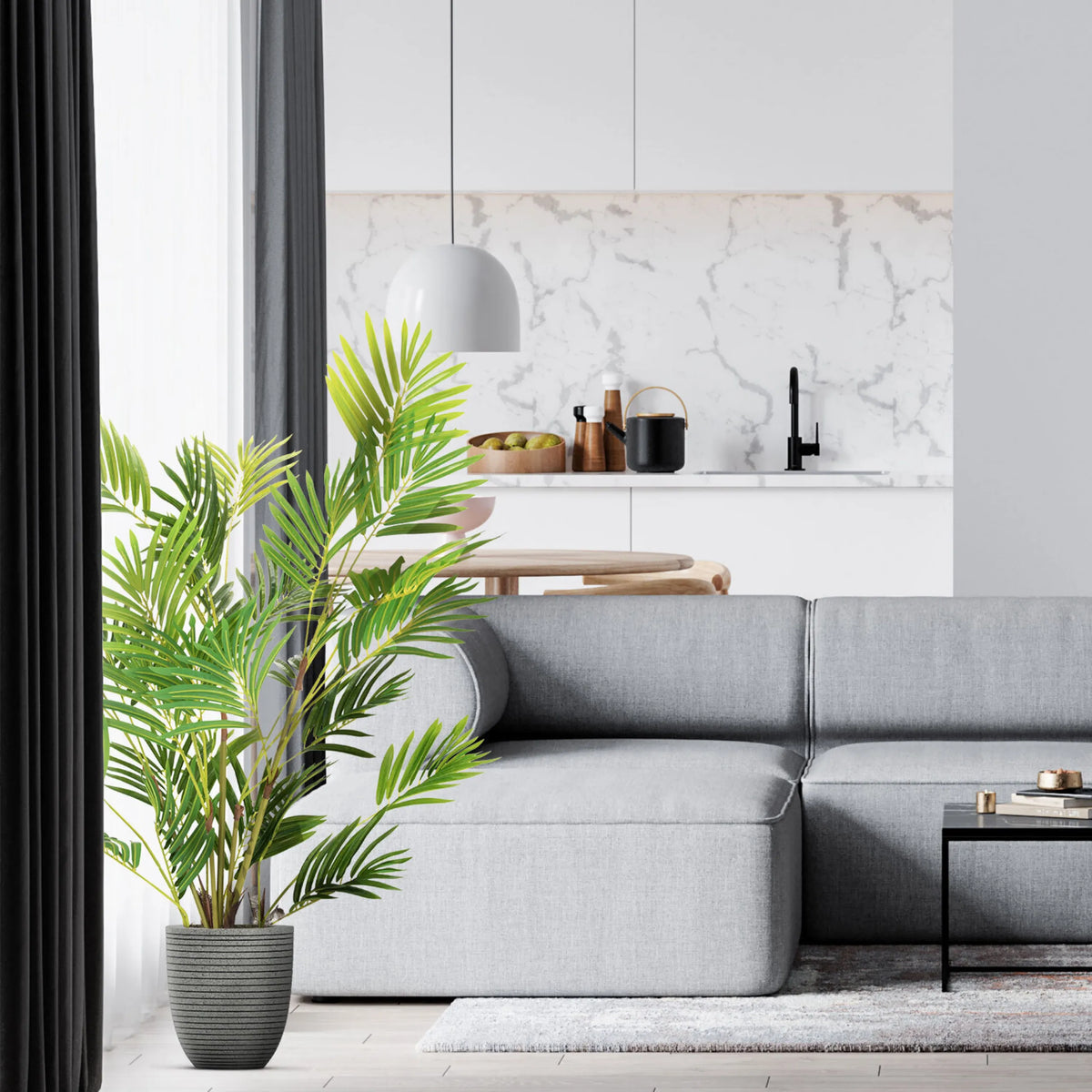 Pianta artificiale verde ARECA I in un vaso grigio strutturato di hjh OFFICE