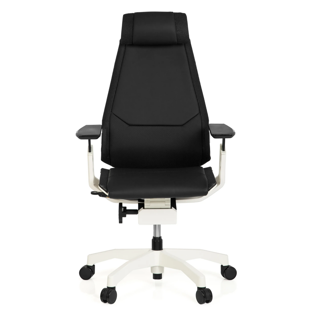 High-end Sedia da ufficio GENIDIA PRO WHITE nera in pelle con base bianca e cinque ruote di hjh OFFICE – vista a 360° (vista frontale 0°)