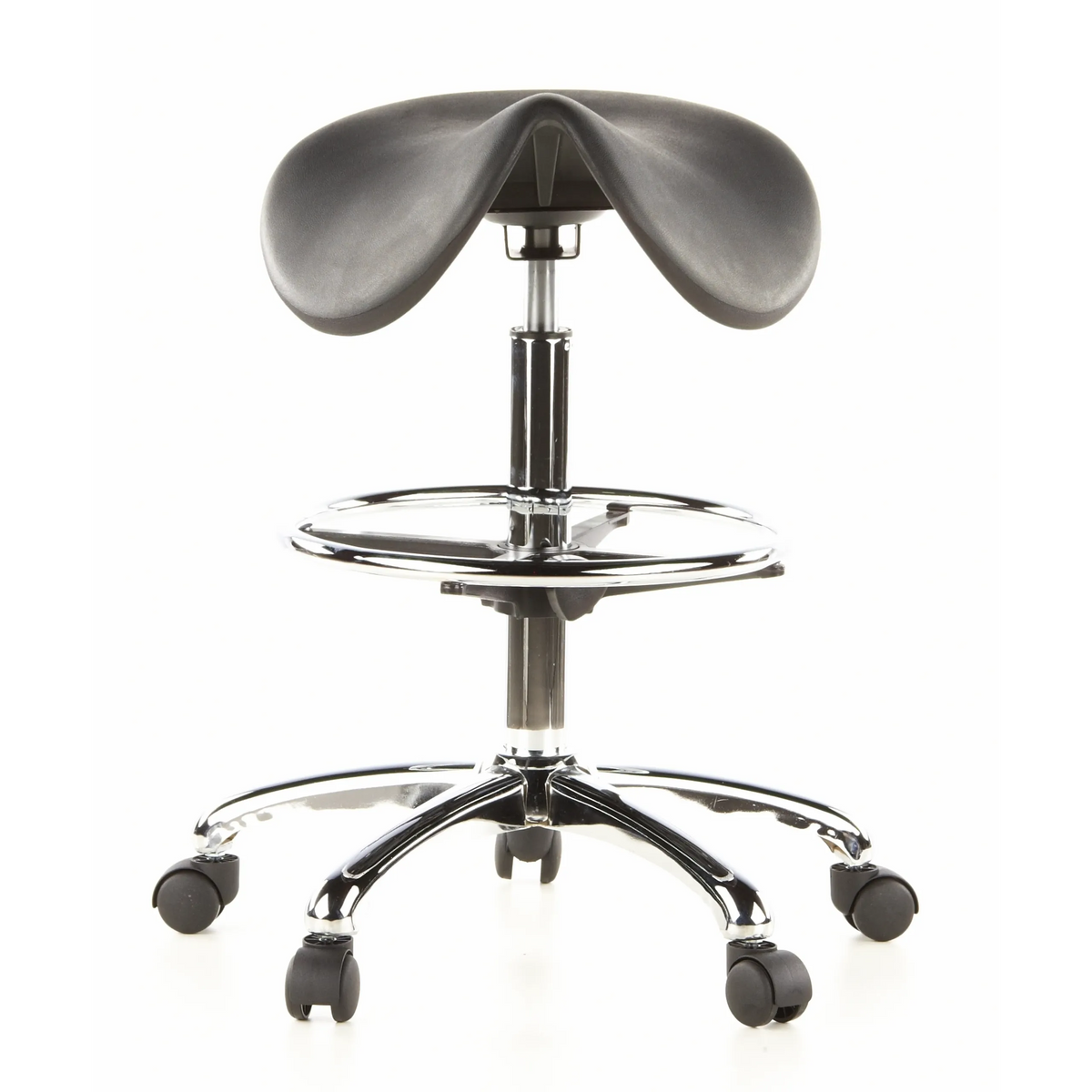 Sgabello a sella TOP WORK 13 nero con poggiapiedi e base a cinque ruote di hjh OFFICE – vista a 360° (vista frontale 0°)