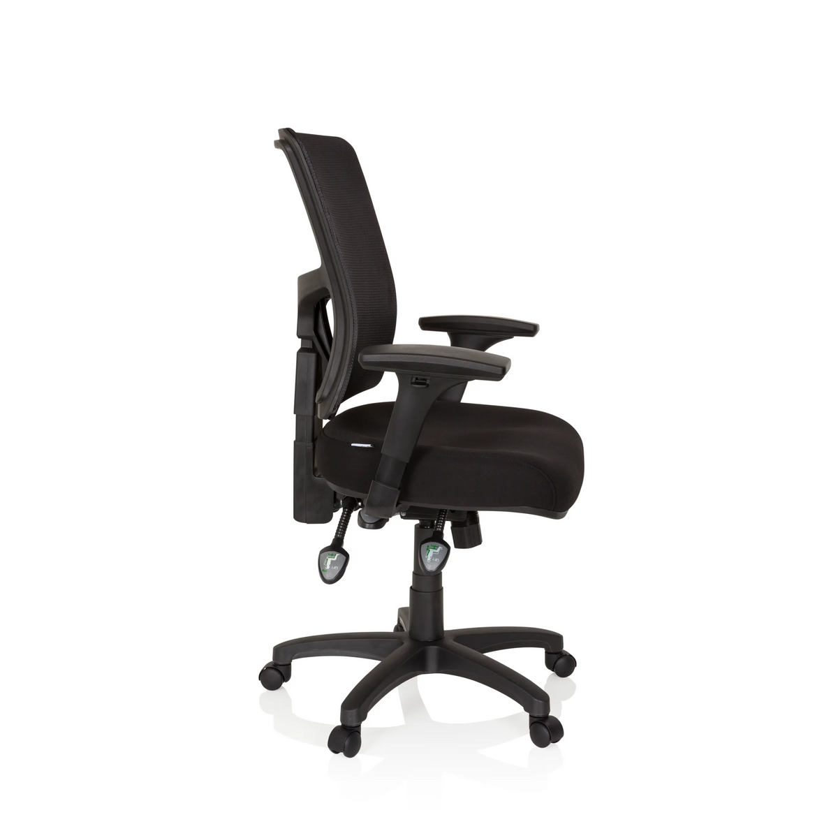 Poltrona professionale IMPACT PRO nera con schienale in rete e base a cinque ruote di hjh OFFICE – vista a 360° (profilo laterale 80°)