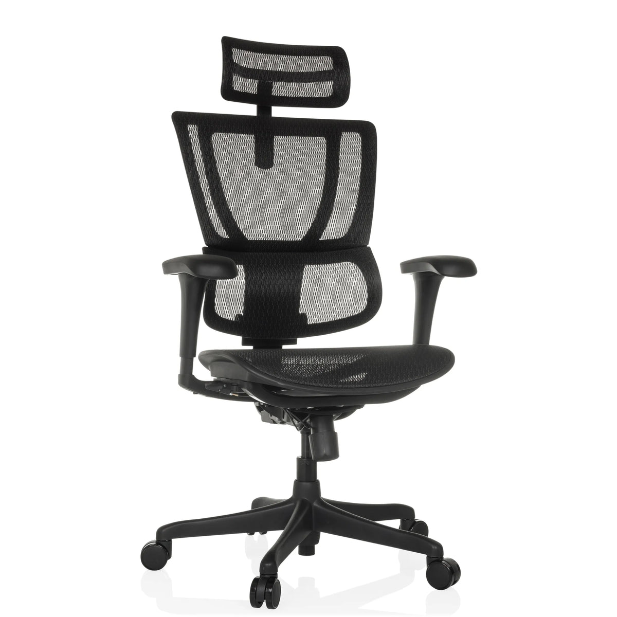 Poltrona di lusso ERGOHUMAN SLIM ECO M GEN2 nera con schienale in rete e base a cinque ruote di hjh OFFICE – vista a 360° (vista frontale 15°)