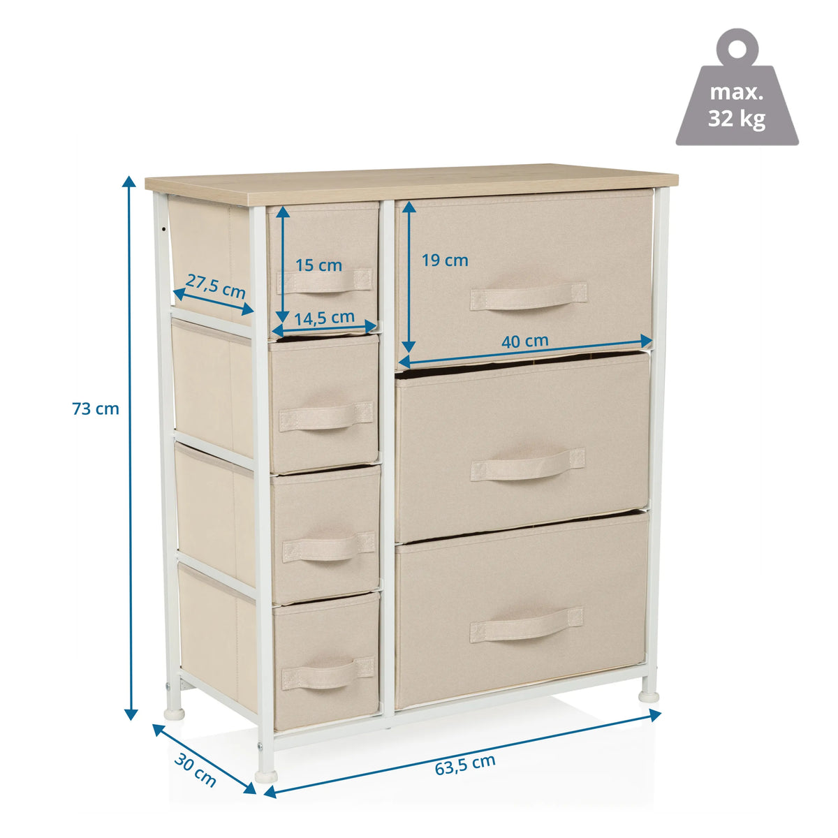 Disegno tecnico della Cassettiera FOLDRESS B con un'altezza di 73 cm e una larghezza di 63,5 cm di hjh LIVING