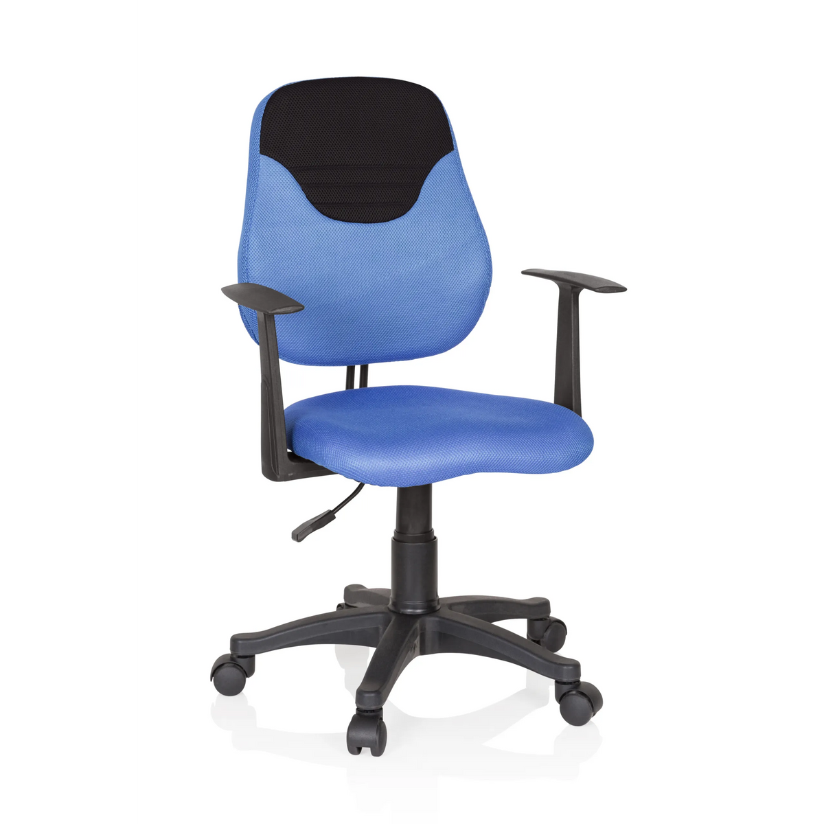 Sedia girevole per bambini KIDDY STYLE blu con schienale in rete, braccioli e base a cinque ruote di hjh OFFICE – vista a 360° (vista frontale 20°)