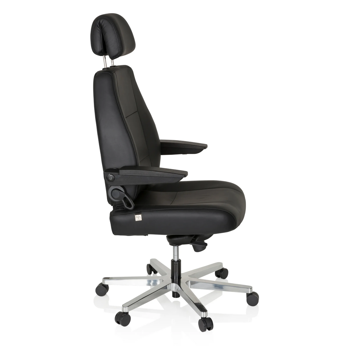 Sedia girevole XXL 24 HOURS nera in pelle con poggiatesta e base a cinque ruote di hjh OFFICE – vista a 360° (profilo laterale 80°)