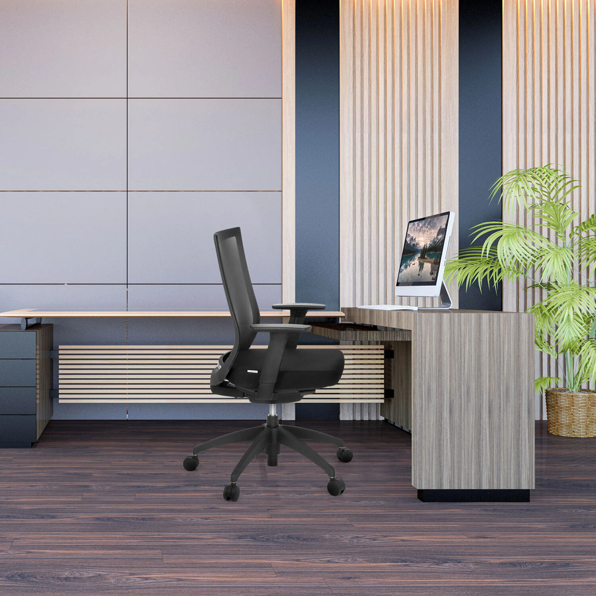 Sedia da ufficio professionale ASPEN nera con schienale in rete a una scrivania di hjh OFFICE