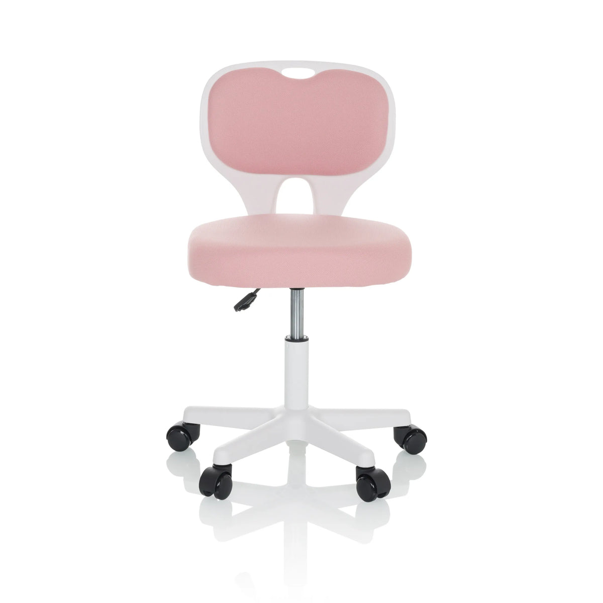 Rosa Kinderdrehstuhl KIDDY TOP W mit weißem Gestell und Fußkreuz mit fünf Rollen von hjh OFFICE – 360-Grad-Ansicht (Frontansicht 0°)