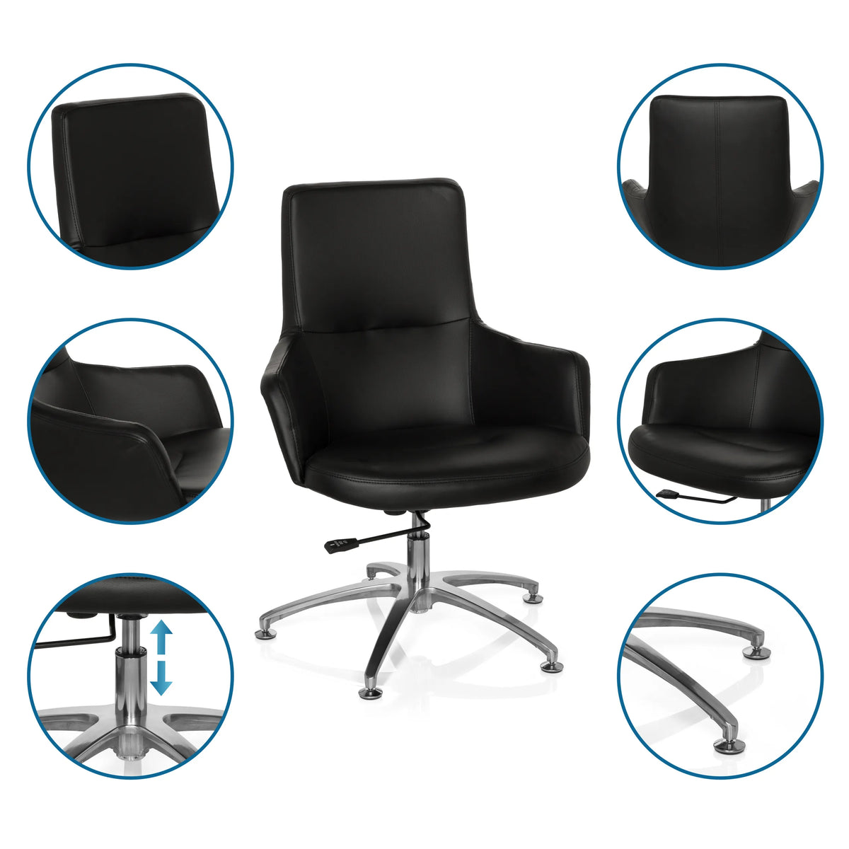 Poltrona Lounge SHAKE 300 nera con base a stella cromata e viste dettagliate del rivestimento di hjh OFFICE