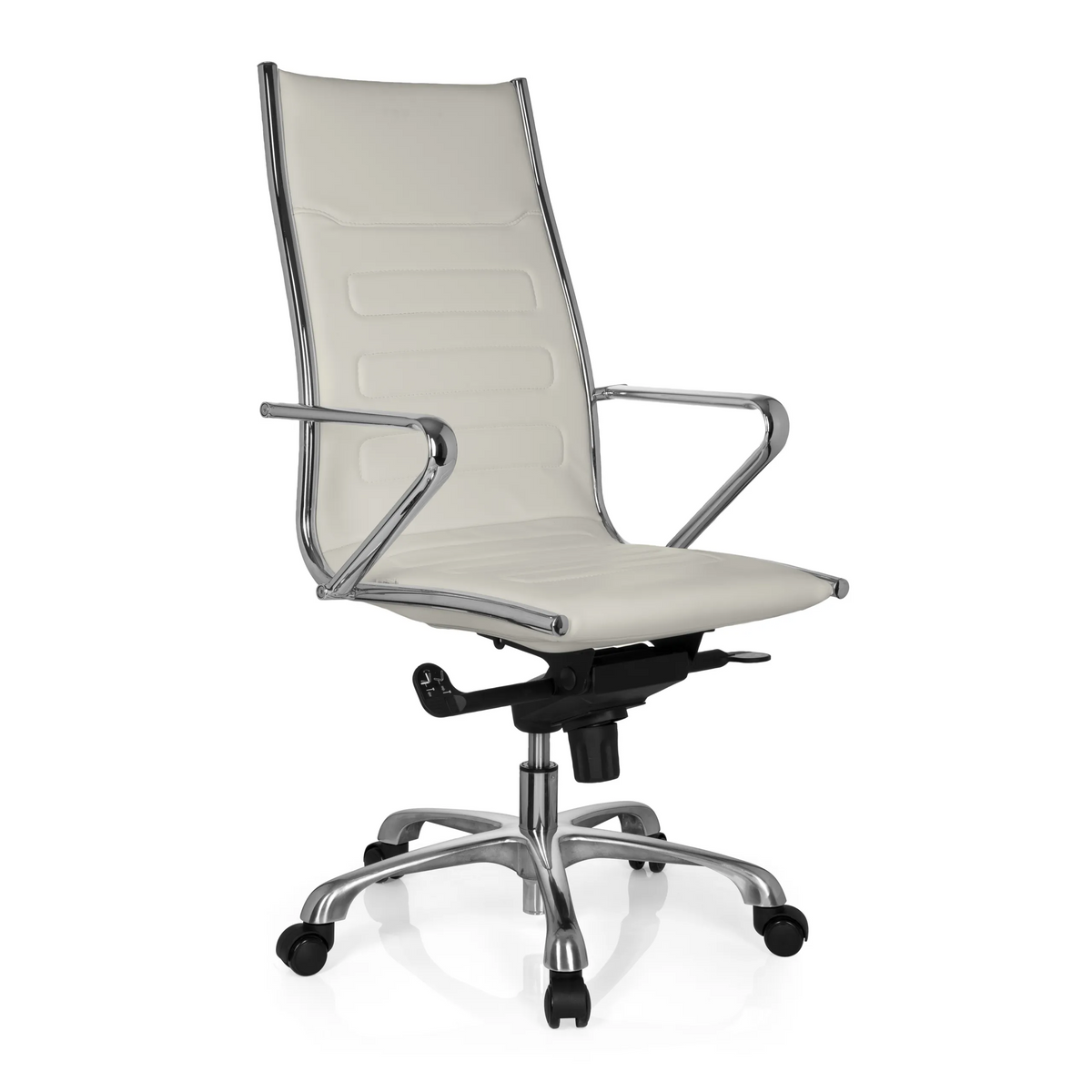 Poltrona professionale PARIBA III color crema con braccioli e base a cinque ruote di hjh OFFICE – vista a 360° (vista frontale a tre quarti 40°)