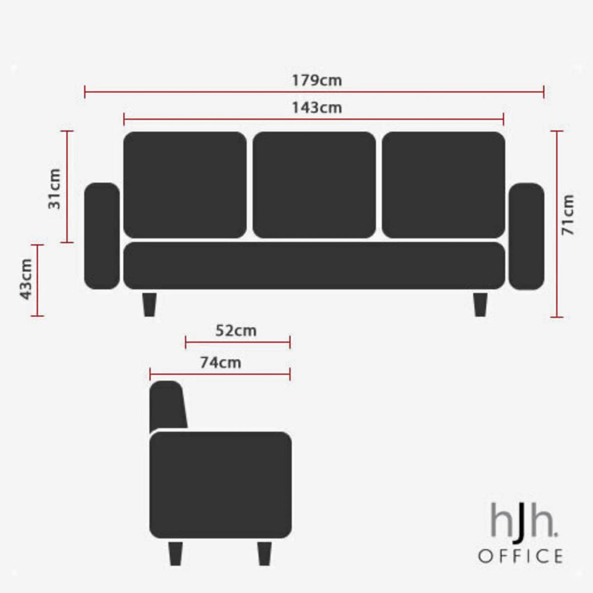 Disegno tecnico del Sofà lounge CURACAO con una larghezza totale di 179 cm di hjh OFFICE