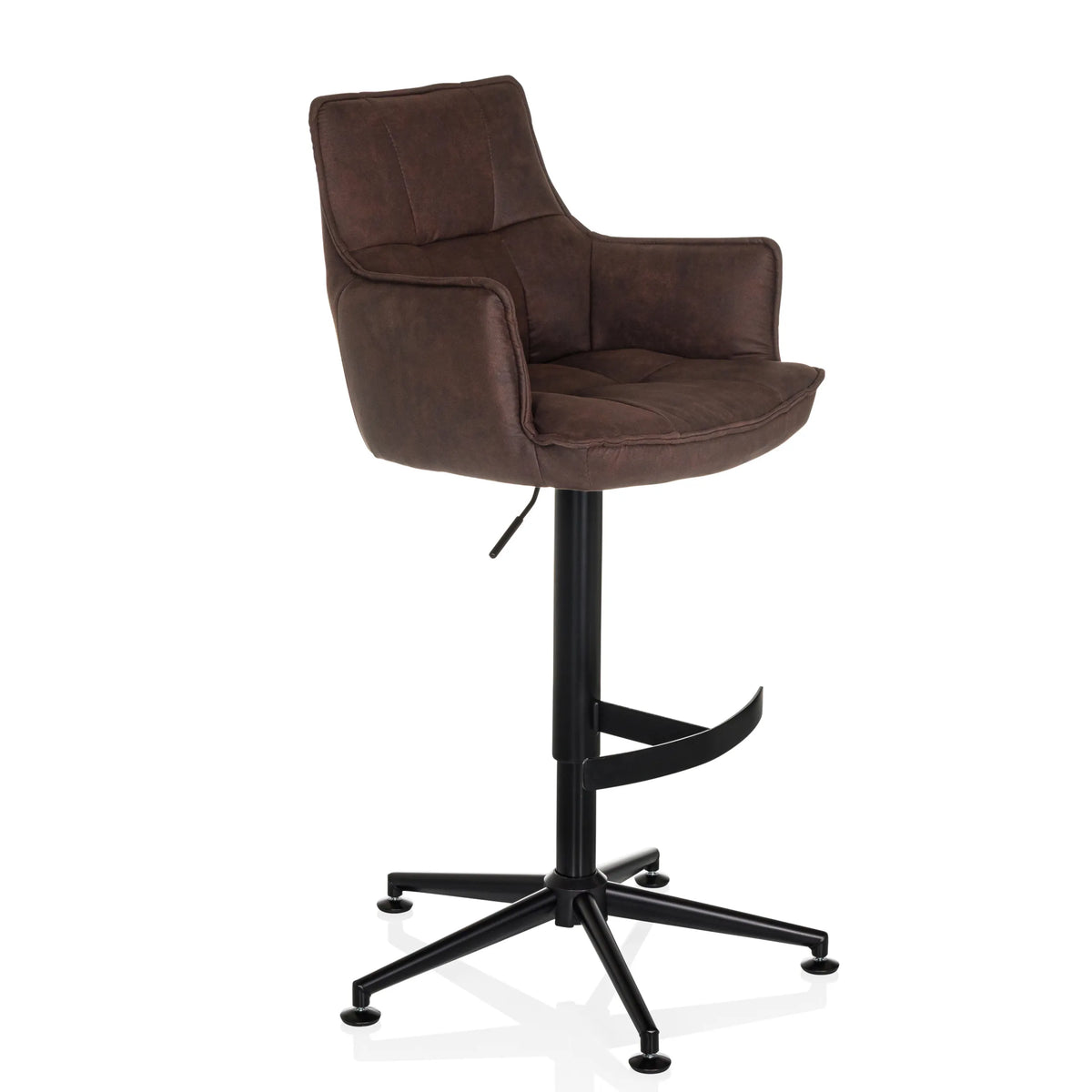 Sgabello da bar SOLAO LIFE HIGH marrone con imbottitura trapuntata e base a croce nera di hjh LIVING – vista a 360° (vista frontale a tre quarti 45°)