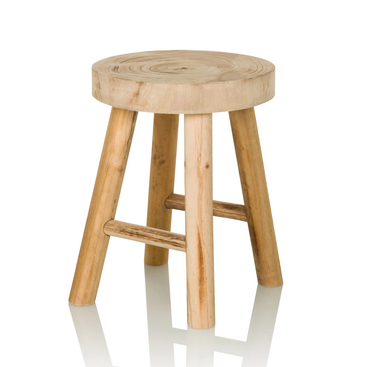 Sgabello RUSTIKO W marrone in legno con seduta rotonda e traverse di hjh LIVING – vista a 360° (vista frontale a tre quarti 30°)