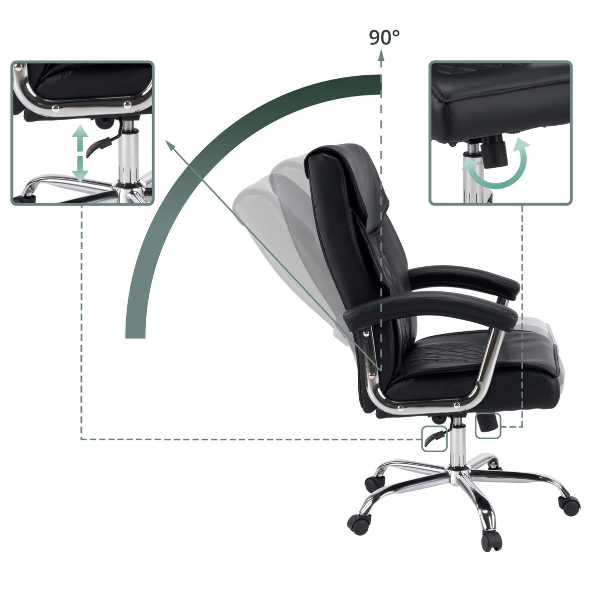 Regolazione dell'altezza e funzione di inclinazione a 90 gradi della Sedia Home Office Relax Prestio in nero di MyBuero