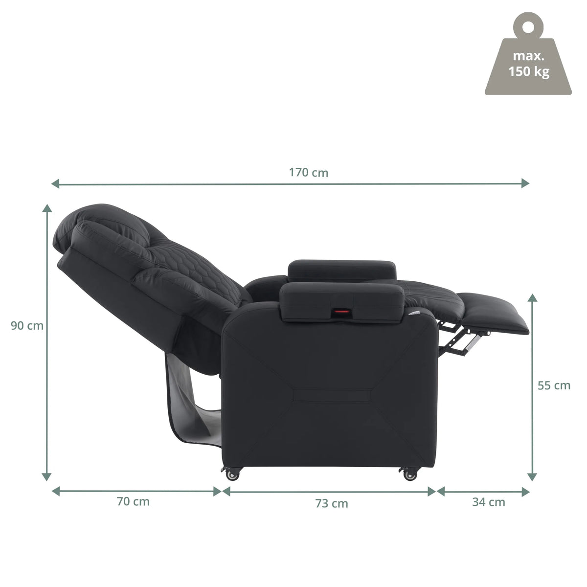 Disegno tecnico della Poltrona Lounge Game Sport RX con lunghezza totale di 170 cm e altezza di 90 cm di hjh OFFICE