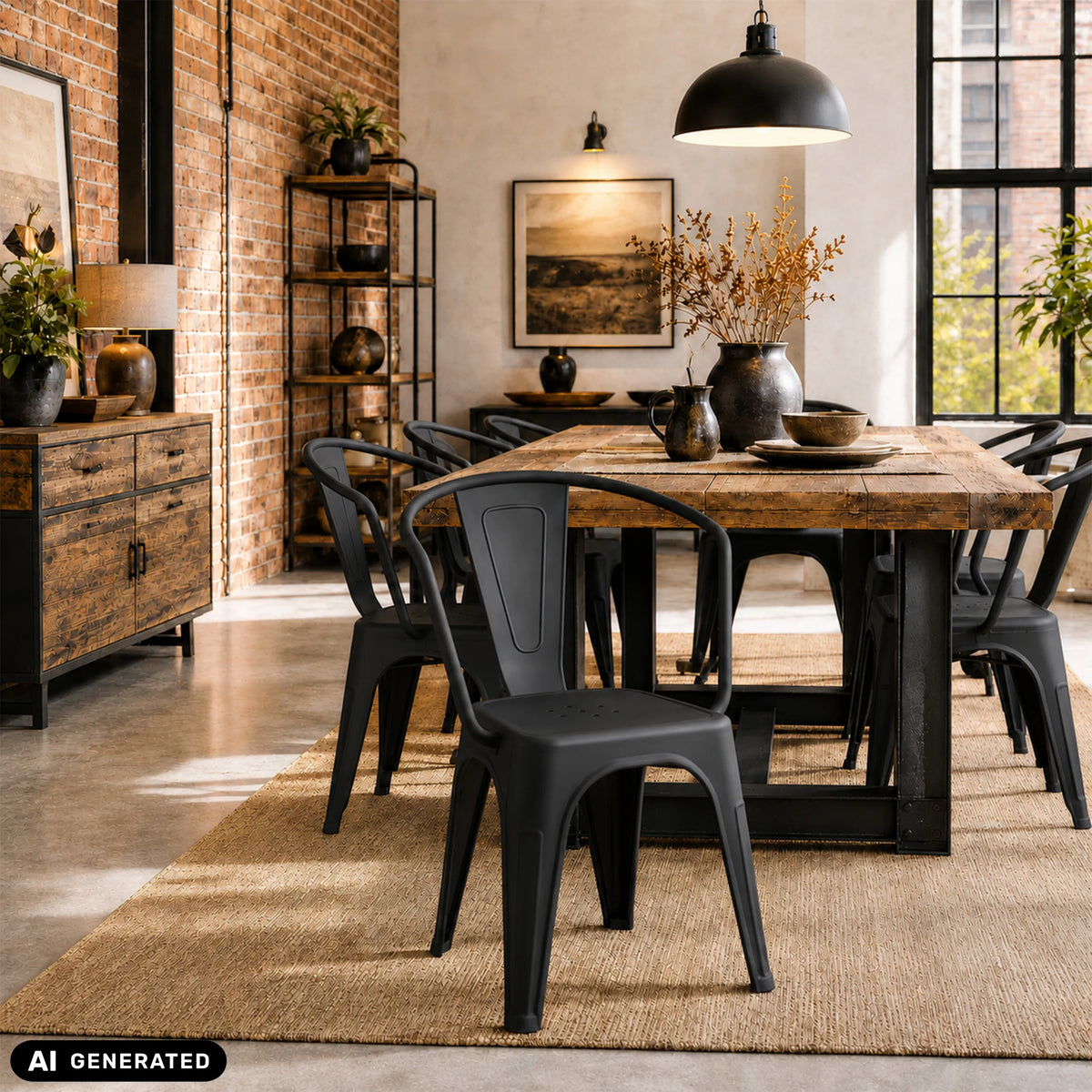 Sedie bistro Vantaggio Poly nere a un tavolo in legno rustico di hjh OFFICE (immagine generata dall’IA)