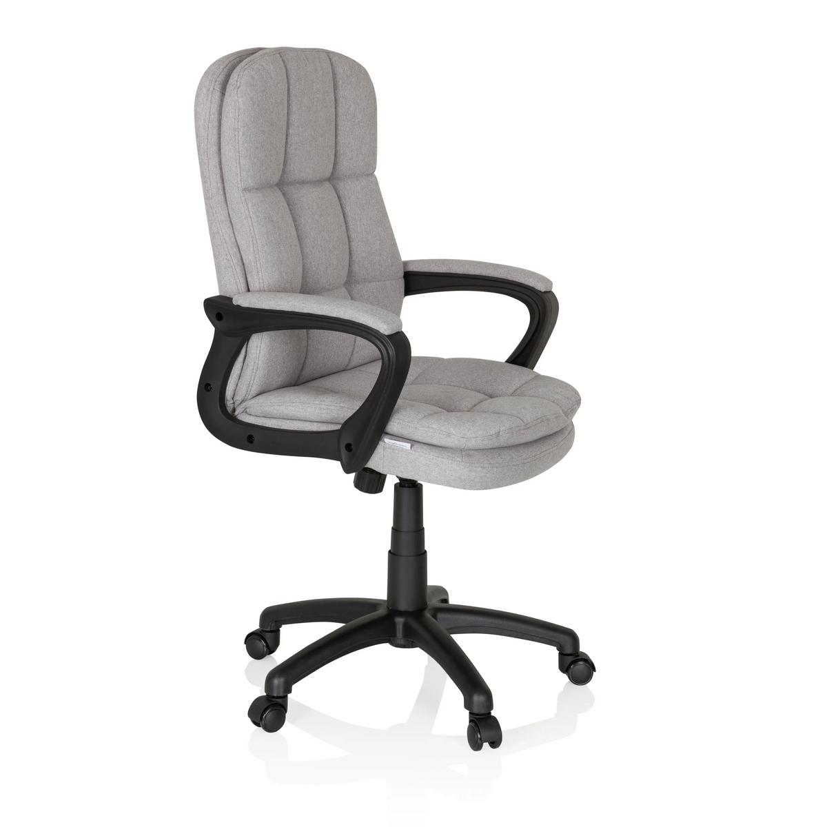 Grauer Home-Office-Chefsessel RELAX CX 120 mit gestepptem Bezug und Fußkreuz mit fünf Rollen von MyBuero – 360-Grad-Ansicht (schräge Frontansicht 60°)
