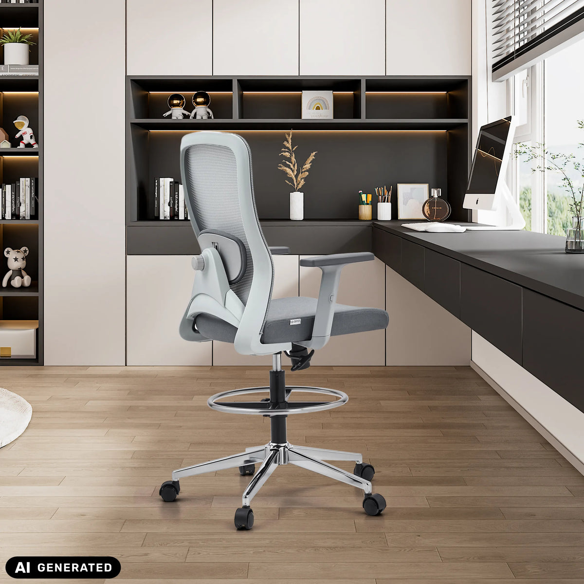 Sedia da banco Top Work 44 W grigia con poggiapiedi e schienale in rete di hjh OFFICE (immagine generata dall’IA)