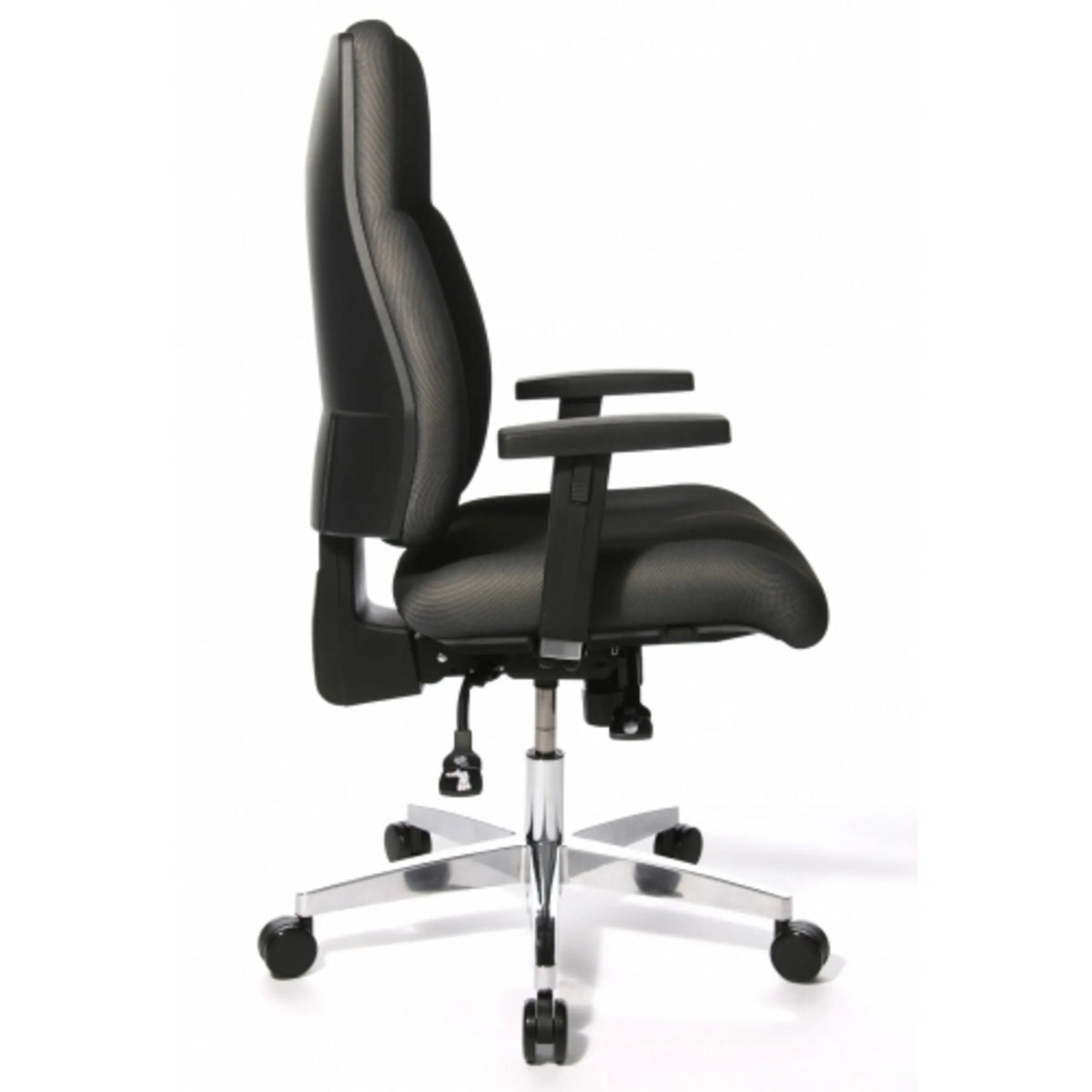 Vista laterale della sedia da ufficio professionale P91 AL.G3 in grigio con braccioli e base lucida su ruote di Topstar