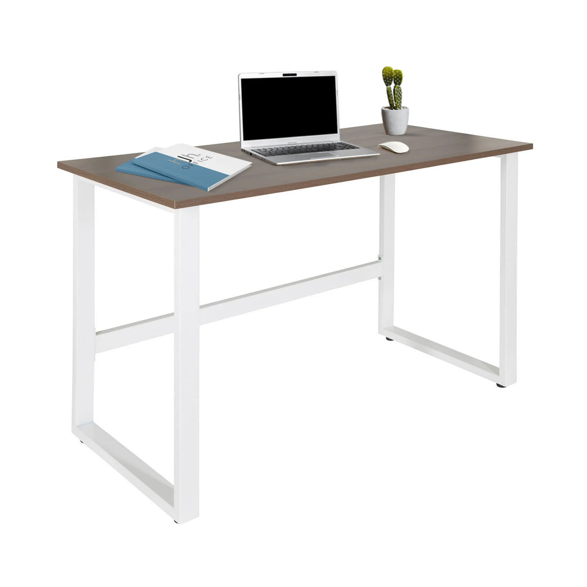 Scrivania WORKSPACE LIGHT I in noce e bianco con laptop, mouse e quaderno di hjh OFFICE