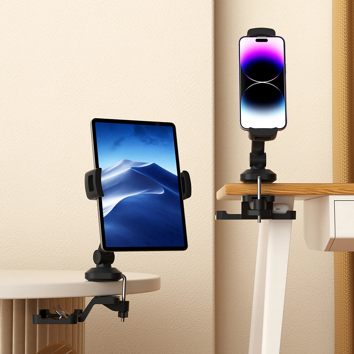 Supporto per cellulare e tablet FLEXMOBI III in nero con fissaggio al tavolo di hjh OFFICE