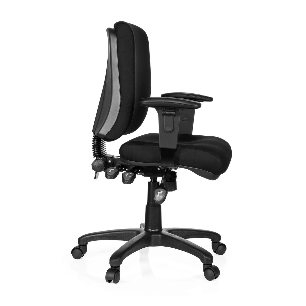 Sedia da ufficio professionale ZENIT BASE nera con braccioli e base a cinque ruote di hjh OFFICE – vista a 360° (profilo laterale 80°)