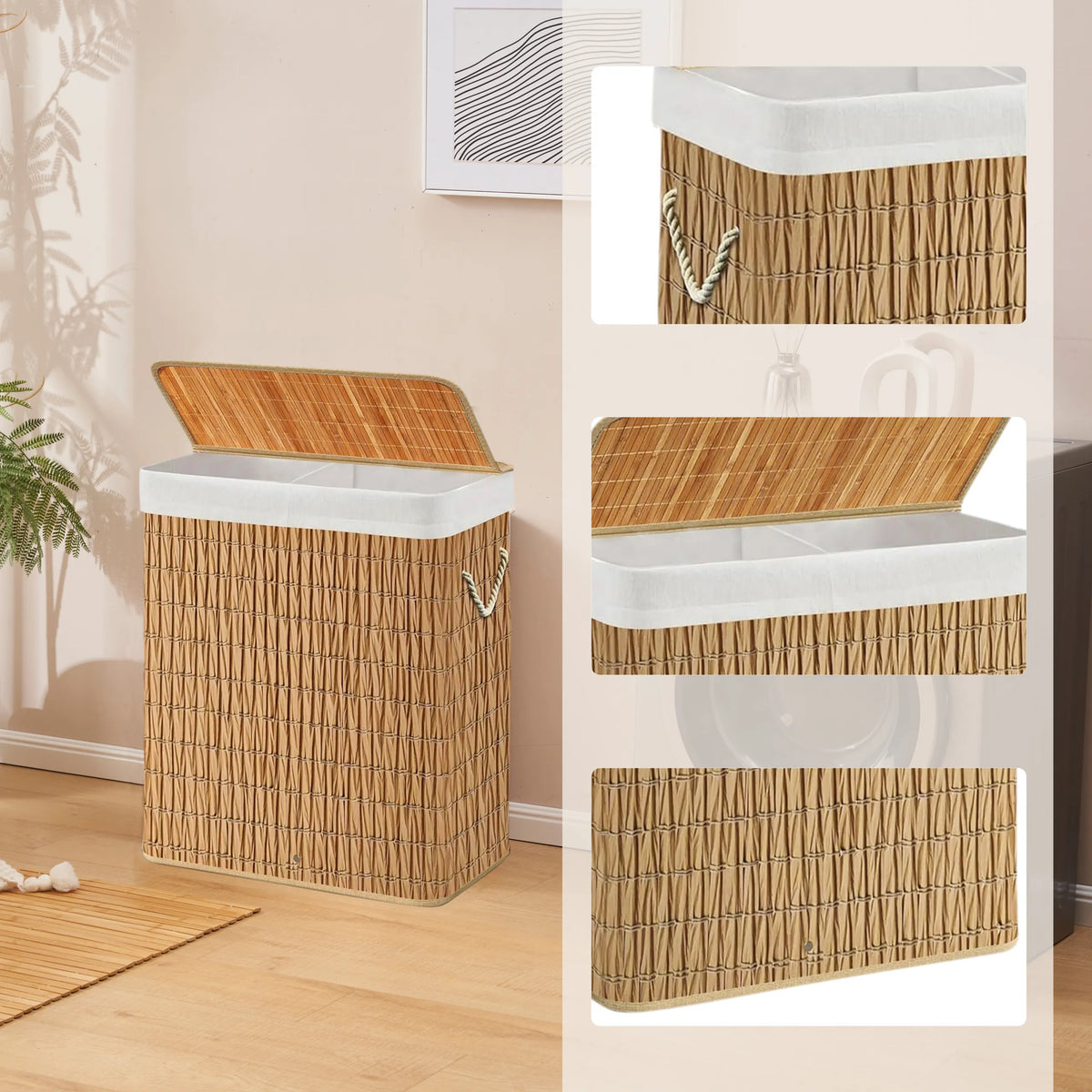Cesto per il bucato FALSTER XL R in materiale intrecciato marrone con fodera bianca e coperchio di hjh LIVING