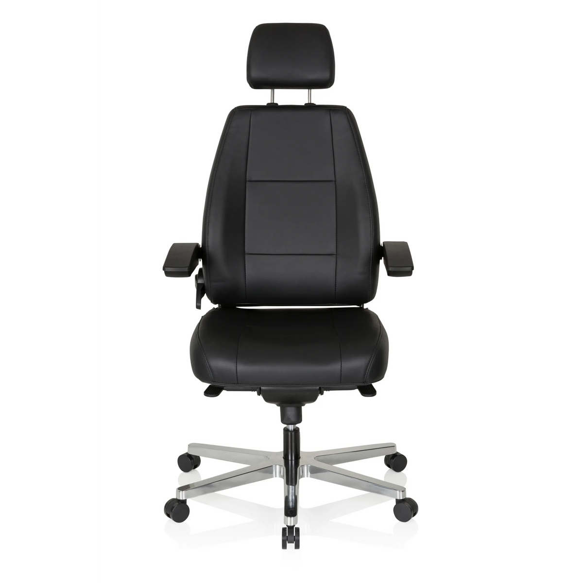 Sedia girevole XXL 24 HOURS nera in pelle con poggiatesta e base a cinque ruote di hjh OFFICE – vista a 360° (vista frontale 0°)