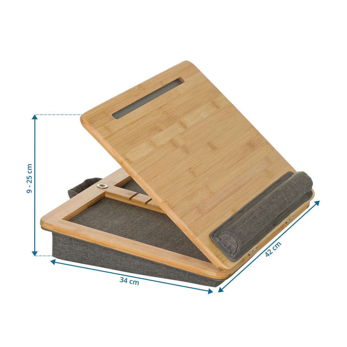 Vista dimensionale del Supporto per laptop COMFILAP III con 42 × 34 cm e un'altezza da 9 a 25 cm di hjh OFFICE