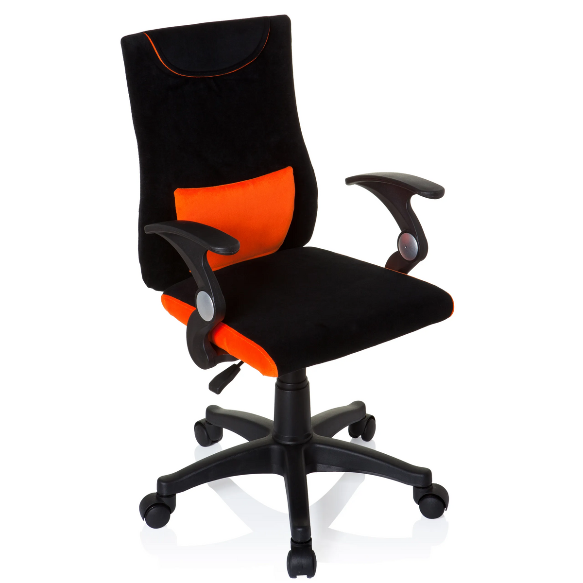 Sedia girevole per bambini KIDDY PRO AL nero-arancione con cuscino lombare e base a cinque ruote di hjh OFFICE – vista a 360° (vista frontale a tre quarti 40°)