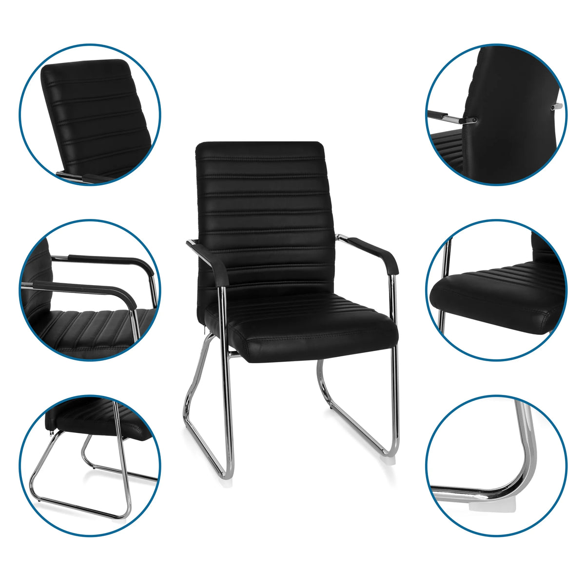 Sedia visitatore STEEL V in nero con struttura a slitta, braccioli e imbottitura trapuntata di hjh OFFICE