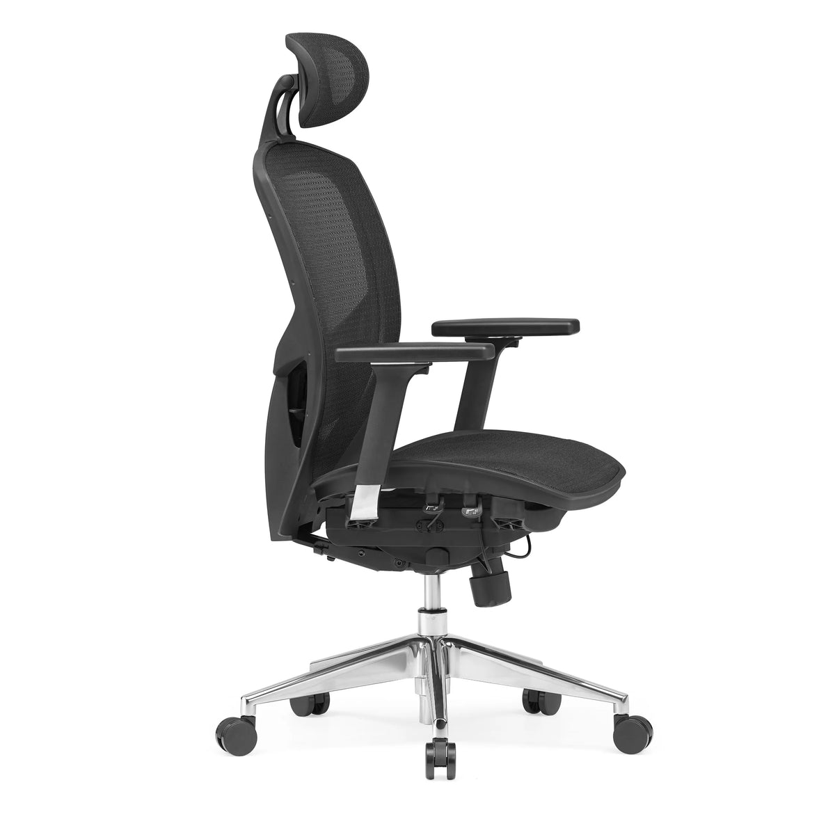 High-end Sedia da ufficio VENUS ONE nera con schienale in rete e base a cinque ruote di hjh OFFICE – vista a 360° (profilo laterale 75°)