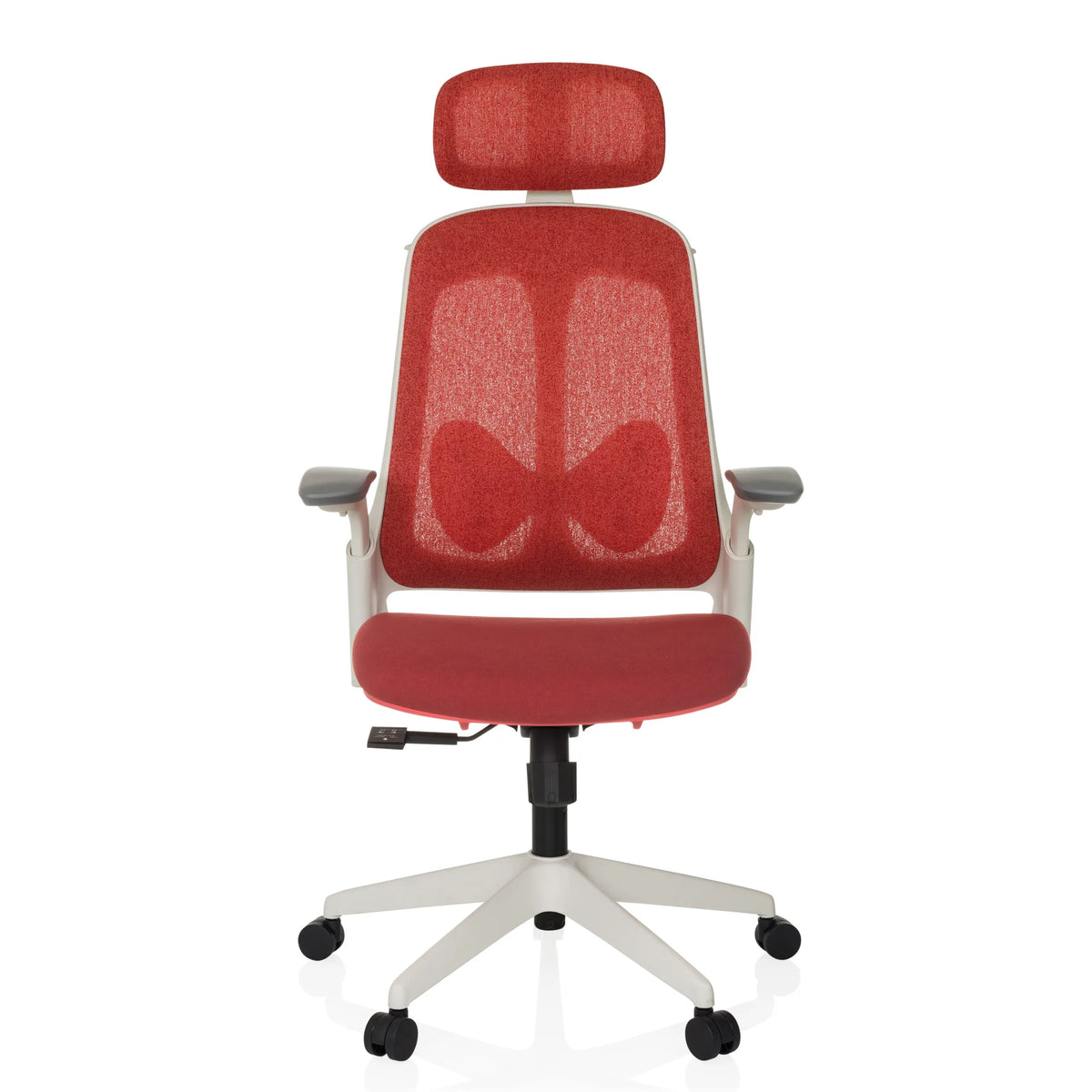 Sedia da ufficio professionale ARCEO WF rossa con schienale in rete e base bianca a cinque ruote di hjh OFFICE – vista a 360° (vista frontale 0°)