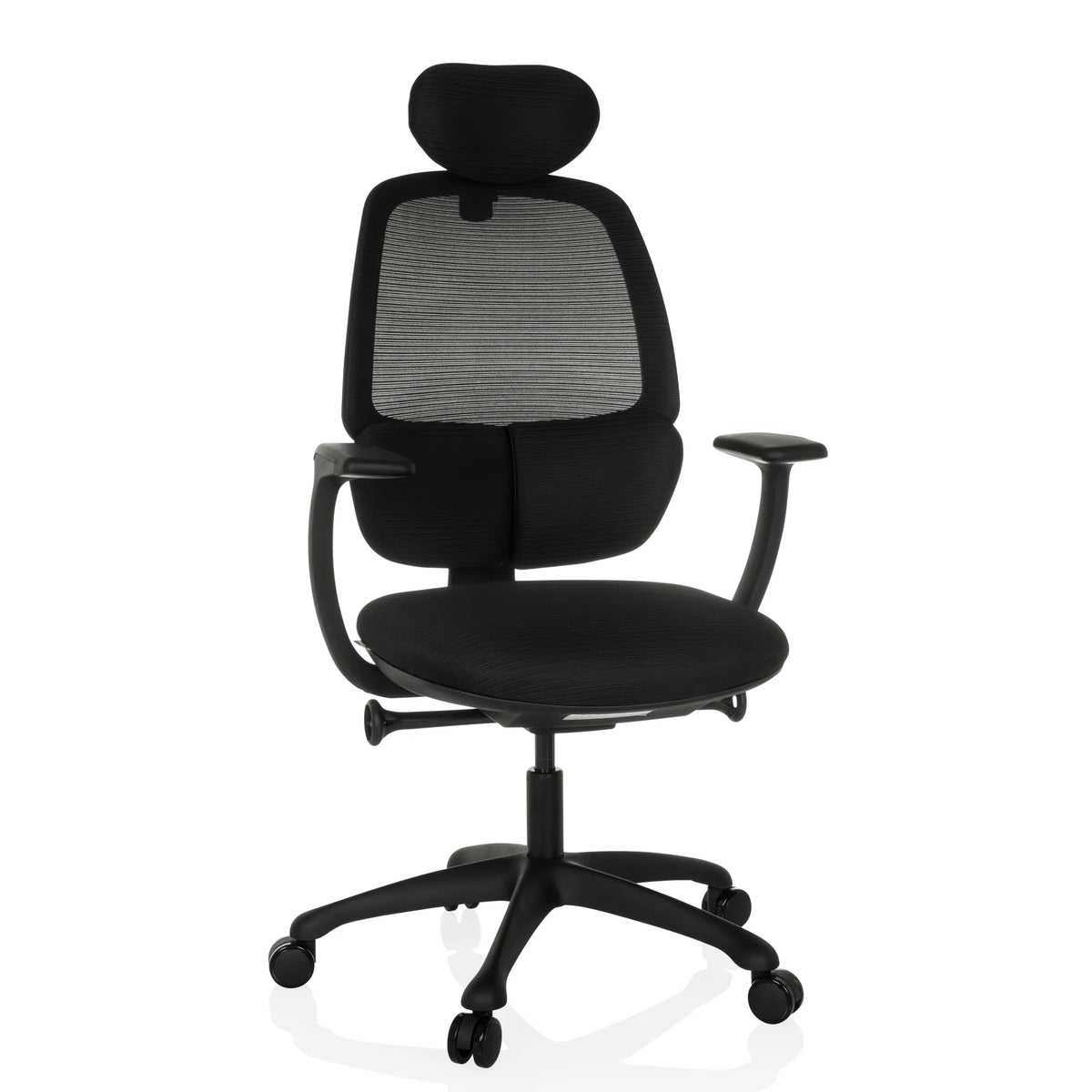 Sedia da ufficio professionale RI-COVER nera con schienale in rete, poggiatesta e base a cinque ruote di hjh OFFICE – vista a 360° (vista frontale 15°)