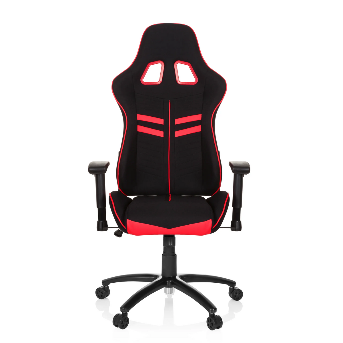 Sedia da gaming LEAGUE PRO I nero-rossa con due aperture per il poggiatesta e base a cinque ruote di hjh OFFICE – vista a 360° (vista frontale 0°)