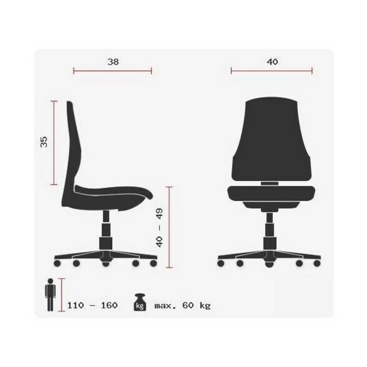 Disegno tecnico della Sedia girevole per bambini MAXX KID con un'altezza del sedile da 40 a 49 cm di Topstar