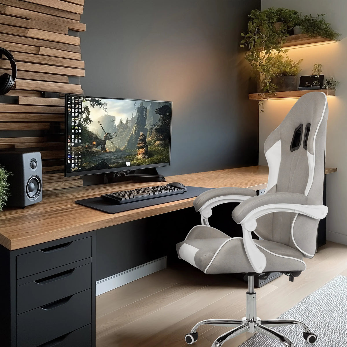 Sedia da gaming GAMEBREAKER W03 in grigio e bianco con dettagli bianchi e braccioli di MyBuero