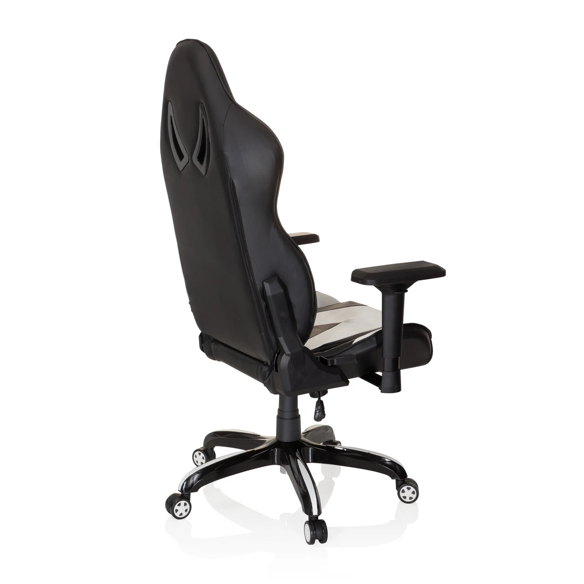 Sedia da gaming PROMOTER I bianca e nera con braccioli e base a cinque ruote di hjh OFFICE – vista a 360° (vista posteriore a tre quarti 120°)