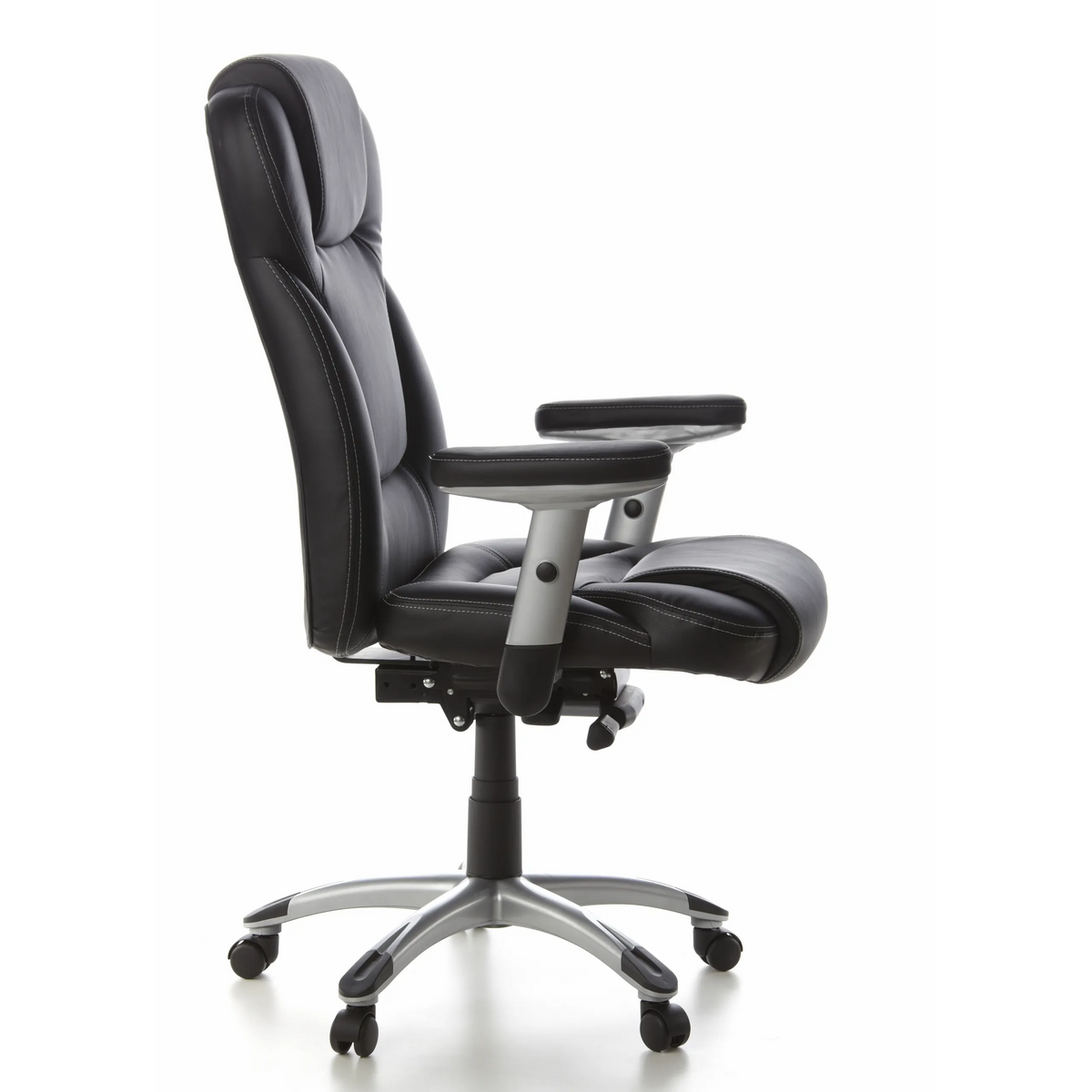 Poltrona professionale EMBASSY 200 L nera con braccioli e base argentata a cinque ruote di hjh OFFICE – vista a 360° (profilo laterale 80°)