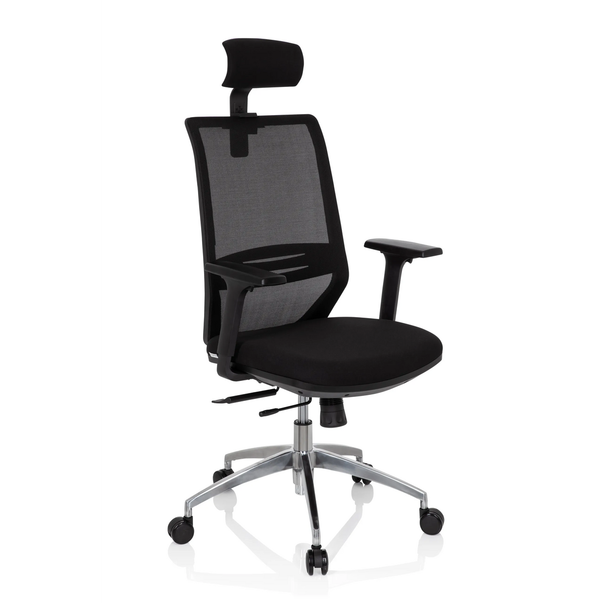 Sedia da ufficio professionale PROFONDO PRO nera con schienale in rete, poggiatesta e base a cinque ruote di hjh OFFICE – vista a 360° (vista frontale a tre quarti 40°)
