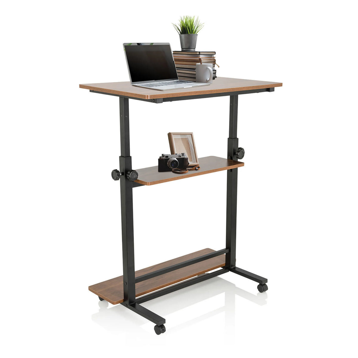 Scrivania in piedi WORKSTATION II in nero e noce con due ripiani e ruote di hjh OFFICE